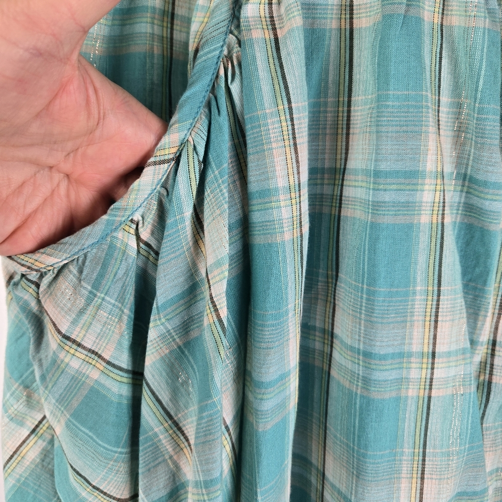 Larry Levine Metallic Gold Turquoise Button Up Flare Plaid Skirt Pockets Size 12 - Picture 7 of 12